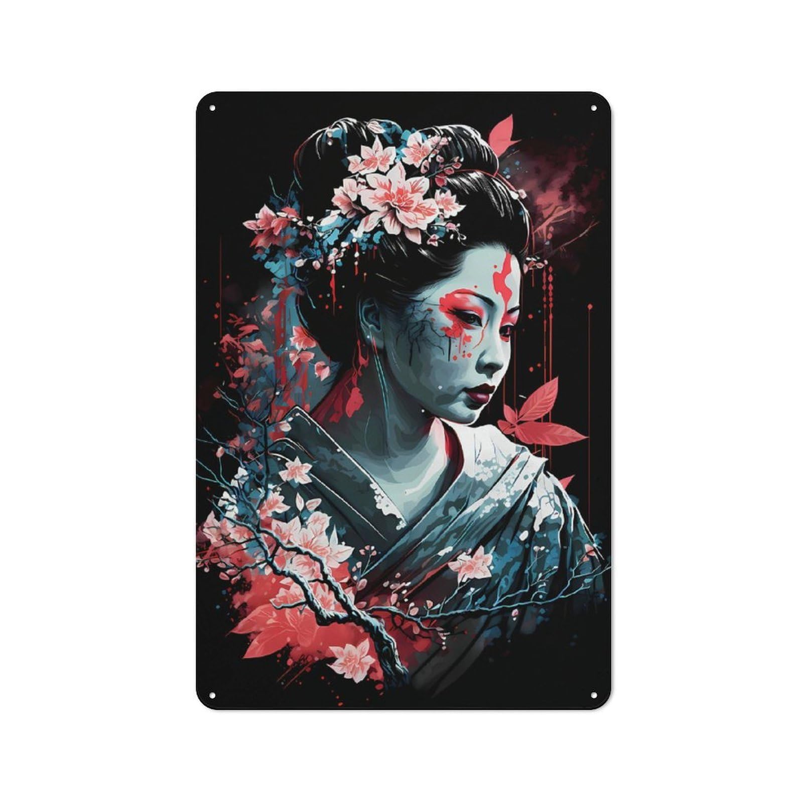 Geisha Neon Cherry Blossom Rustic Tin Sign 30x20cm, Shed Style Utility Space Decor for Patio Bar, Workshop, Shed Or Kitchen