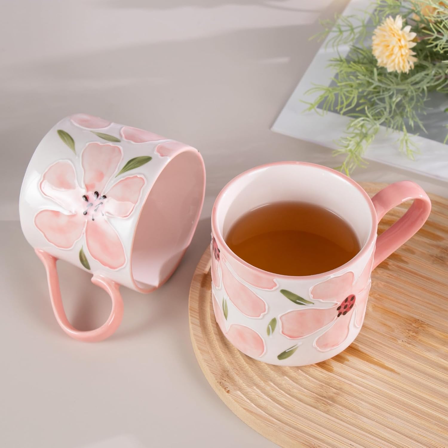 KAMMAK Pink Ceramic Coffee Mug, 13.5oz Mugs Set of 2, Novelty Cup for Tea, Juice, Milk, Cute Porcelain Water Cups with Handle for Women, Dishwasher and Microwave Safe