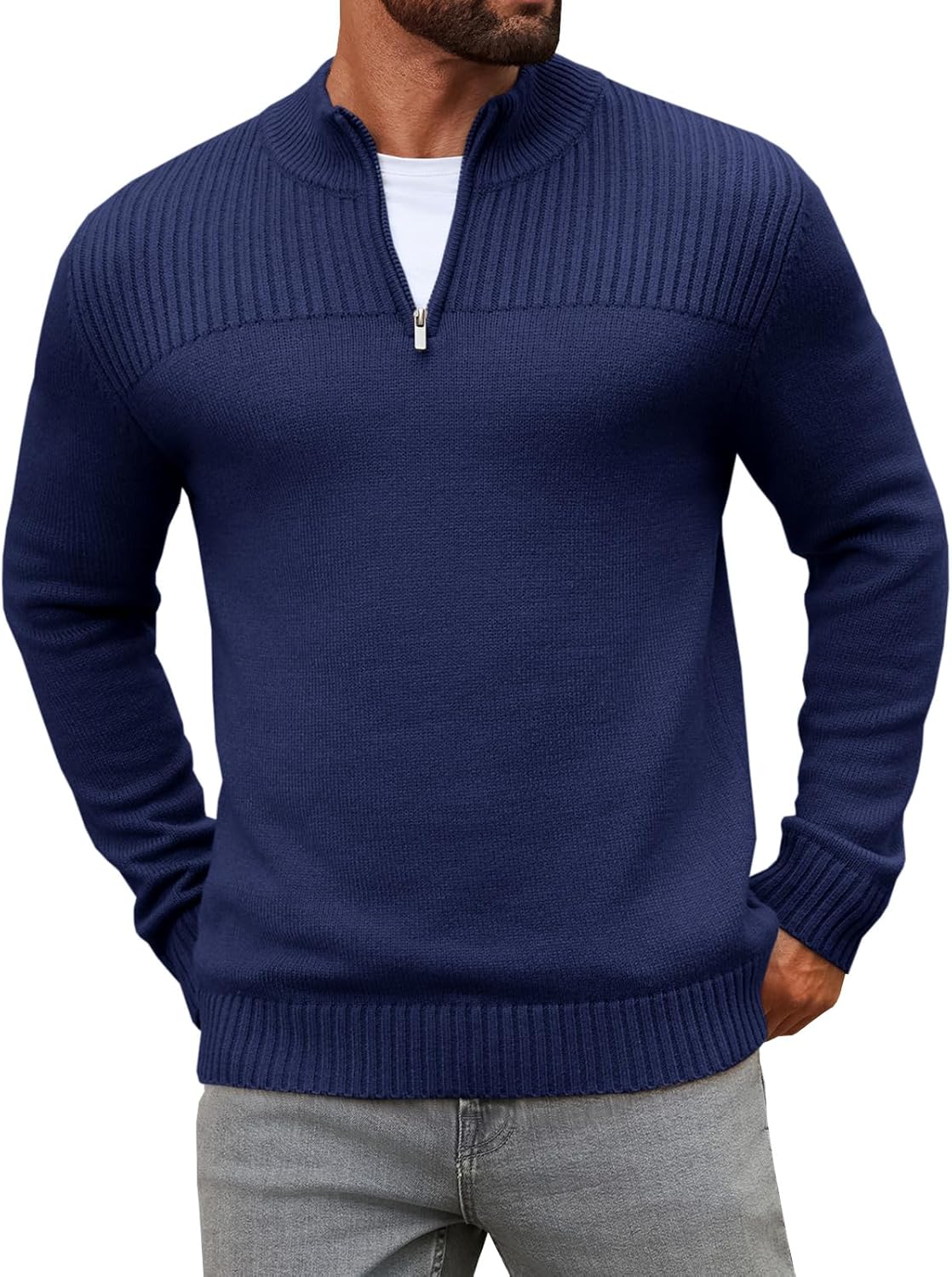Runcati Mens Quarter Zip Sweater Long Sleeve Slim Fit Pullover Mock Neck Casual Ribbed Knit Polo Sweaters