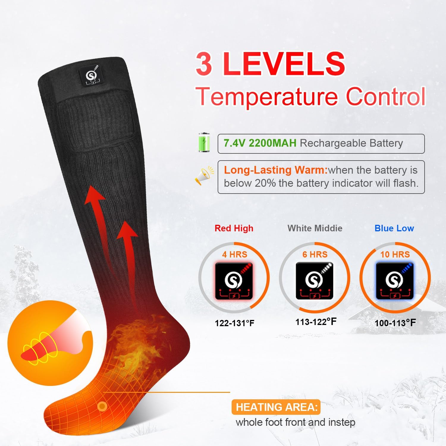 Heated Socks for Men Women,7.4V 2200mah Electric Rechargeable Battery Warm Winter Socks,Cold Weather Thermal Heating Socks Foot Warmers for Hunting Skiing Camping - Image 3