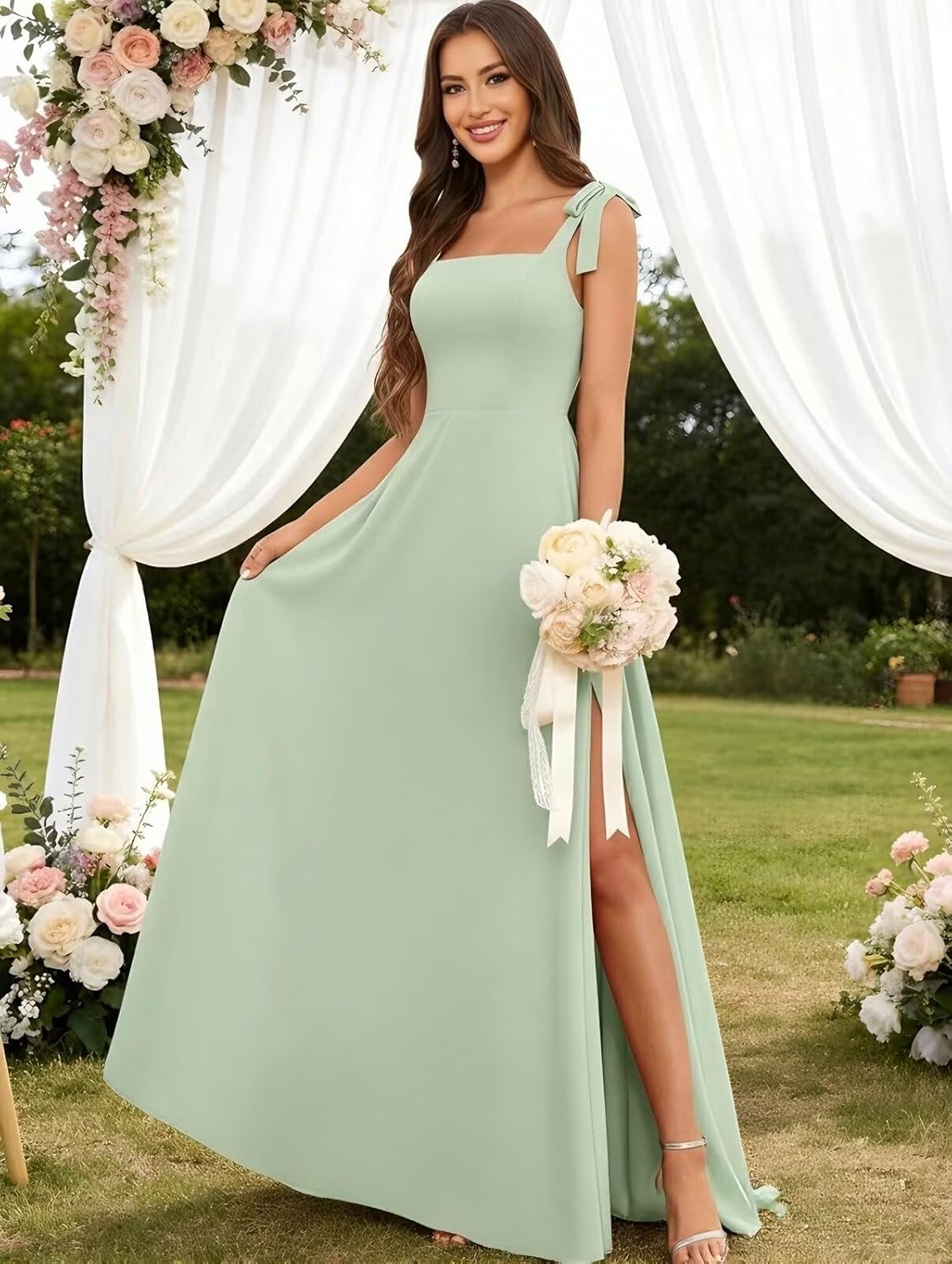 Square Neck Chiffon Bridesmaid Dress with Slit A Line Floor Length Formal Evening Gown - Image 5