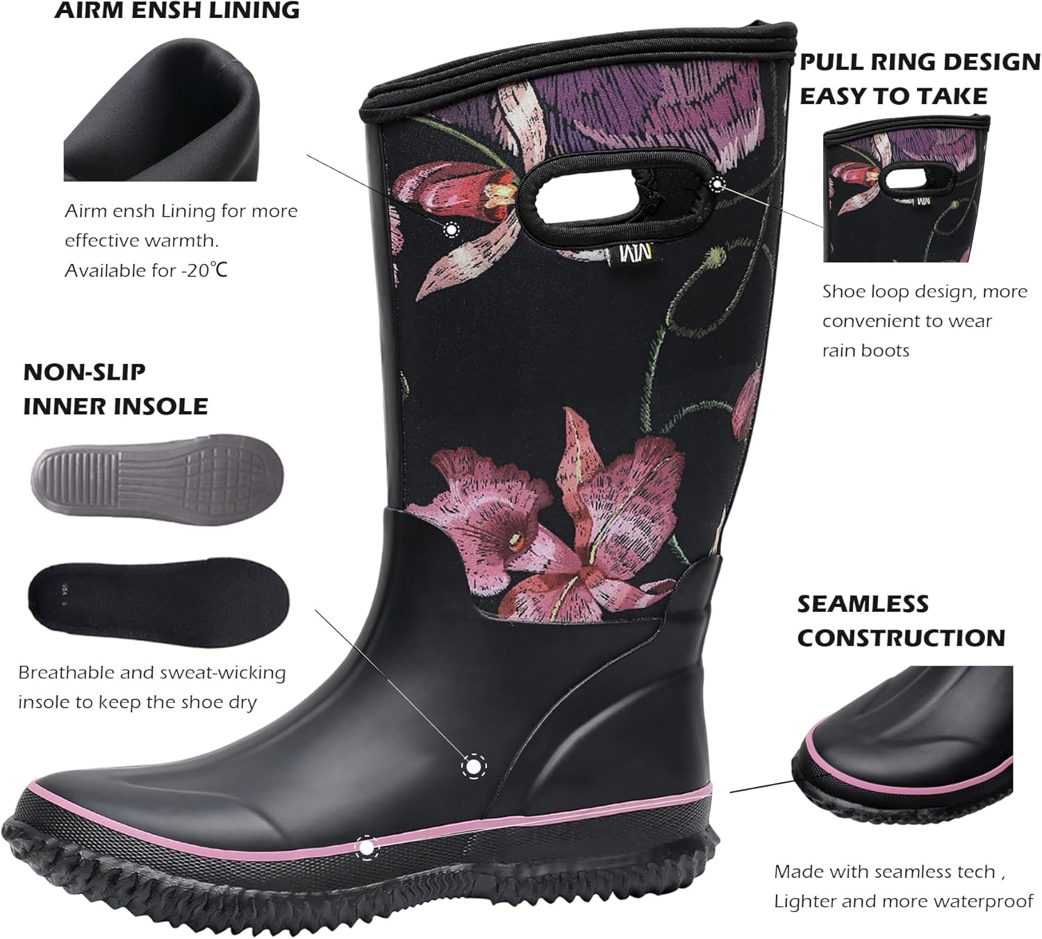WTW Mid Calf Rain Boots for Women - Waterproof Insulated Neoprene Mud Boots Outdoor Hunting Garden Boots - Image 3