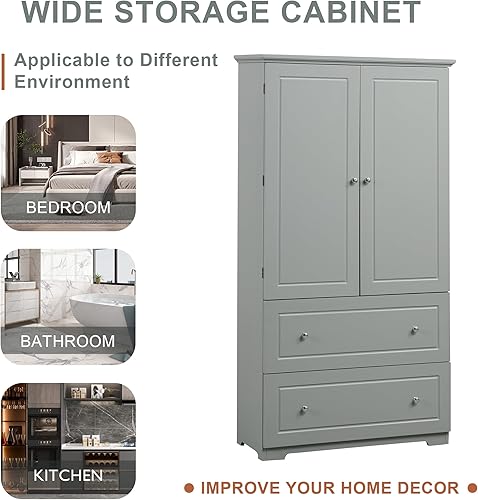 Miniatura 4 de Gabinete de almacenamiento ancho para baño, armario de almacenamiento independiente con dos cajones y estante ajustable, tablero MDF con acabado