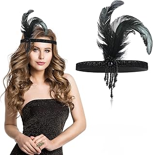 1920s Flapper Headband, Feather Headwear Headpiece Black Head Wear 1920s Fashion Bling Rhinestone Hair Accessories for Women Girls Gatsby Themes Costume Prom Party Decoration (Black Beads)