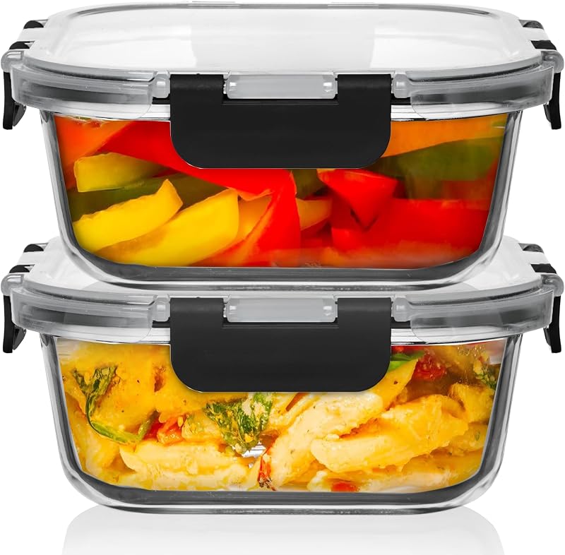 2 PC 1200ML / 41 Oz Glass Food Storage Containers with Lids - Airtight & Leakproof - Microwave/Oven/Freezer Safe - BPA Free - Ideal for Meal Prep, Storing Leftover & Lunch
