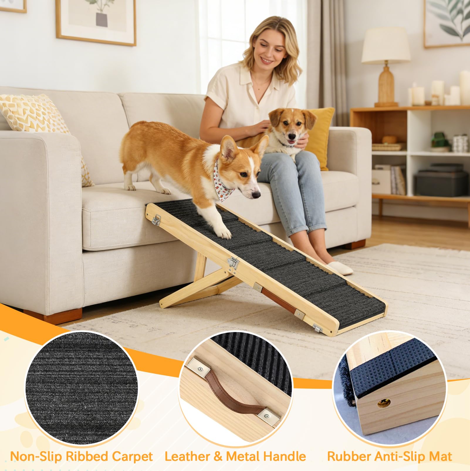 Rampa Plegable de Madera para Perros, con Ajuste de Altura en 6 Posiciones, 120 cm de Largo, con Alfombrilla Antideslizante, para Perros Pequeños y Medianos, También para Gatos