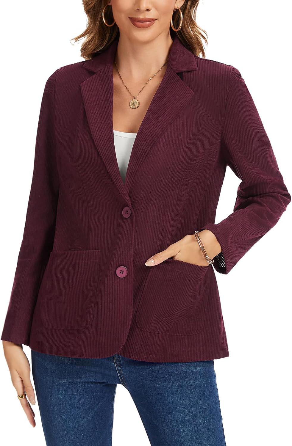 Women's Corduroy Blazers Casual Long Sleeve Notch Lapel Work 2-Button Open Front Blazer Jackets Pockets - Image 2