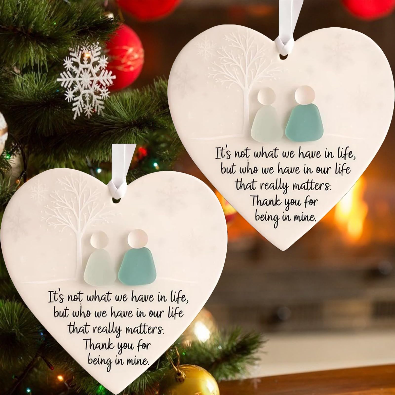 Heart-Shaped Sea Glass Friendship Decor, Sea Glass Friendship Pendant Decoration, Christmas Tree Hanging Ornaments, Friendship Keepsake Gifts for Best Friend Birthday Christmas Thanksgiving (2PCS)