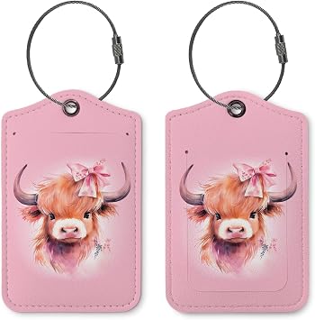 Pink Cow Luggage Tags for Suitcases,Preppy Cowgirl 2 Pack Baggage Tag Label with Steel Loop,Handbag School Bag Backpack Traveling Accessories,Western Trendy Suitcase Tag