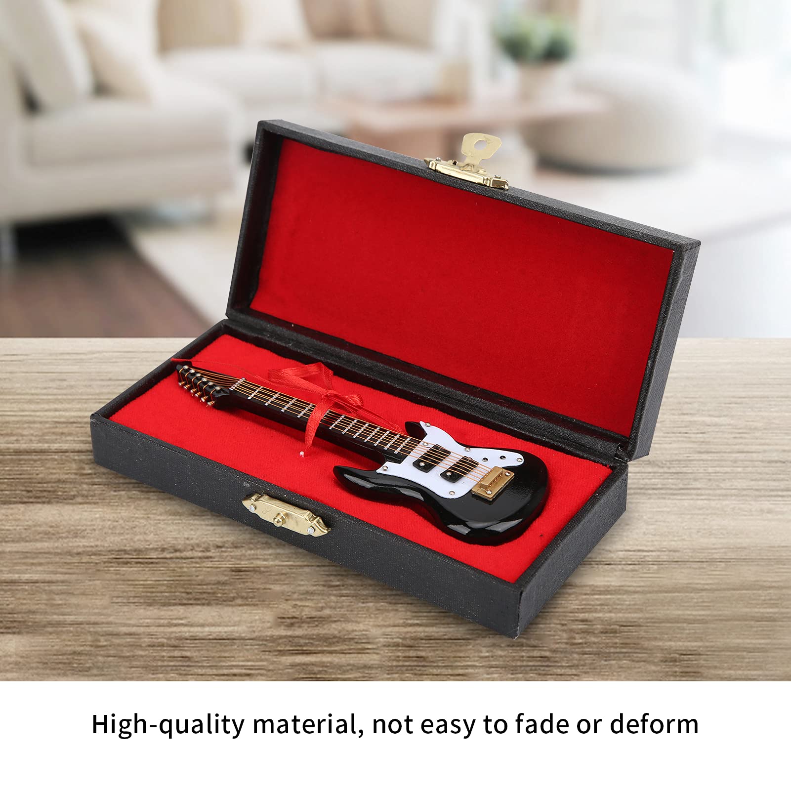 Chitarra in Miniatura Replica Mini Chitarra Elettrica in Legno Modello Delicato Ornamento per Chitarra Figurina di Strumento Musicale Bello con Espositore e Scatola di Immagazzinaggio 12*4*1.5cm