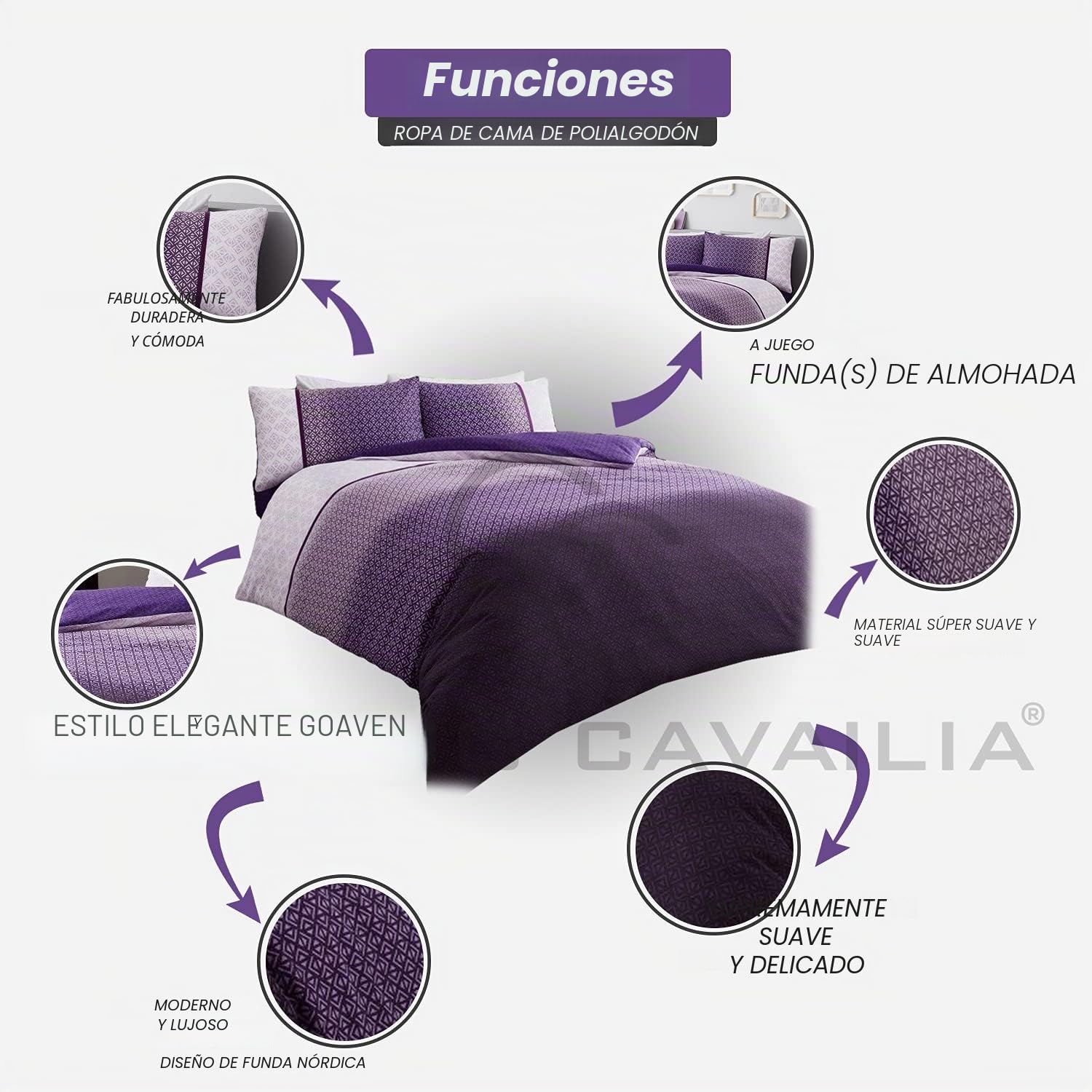 GC GAVENO CAVAILIA Juego de Funda nórdica para Cama de Matrimonio (200 x 200 cm), polialgodón, Color Morado