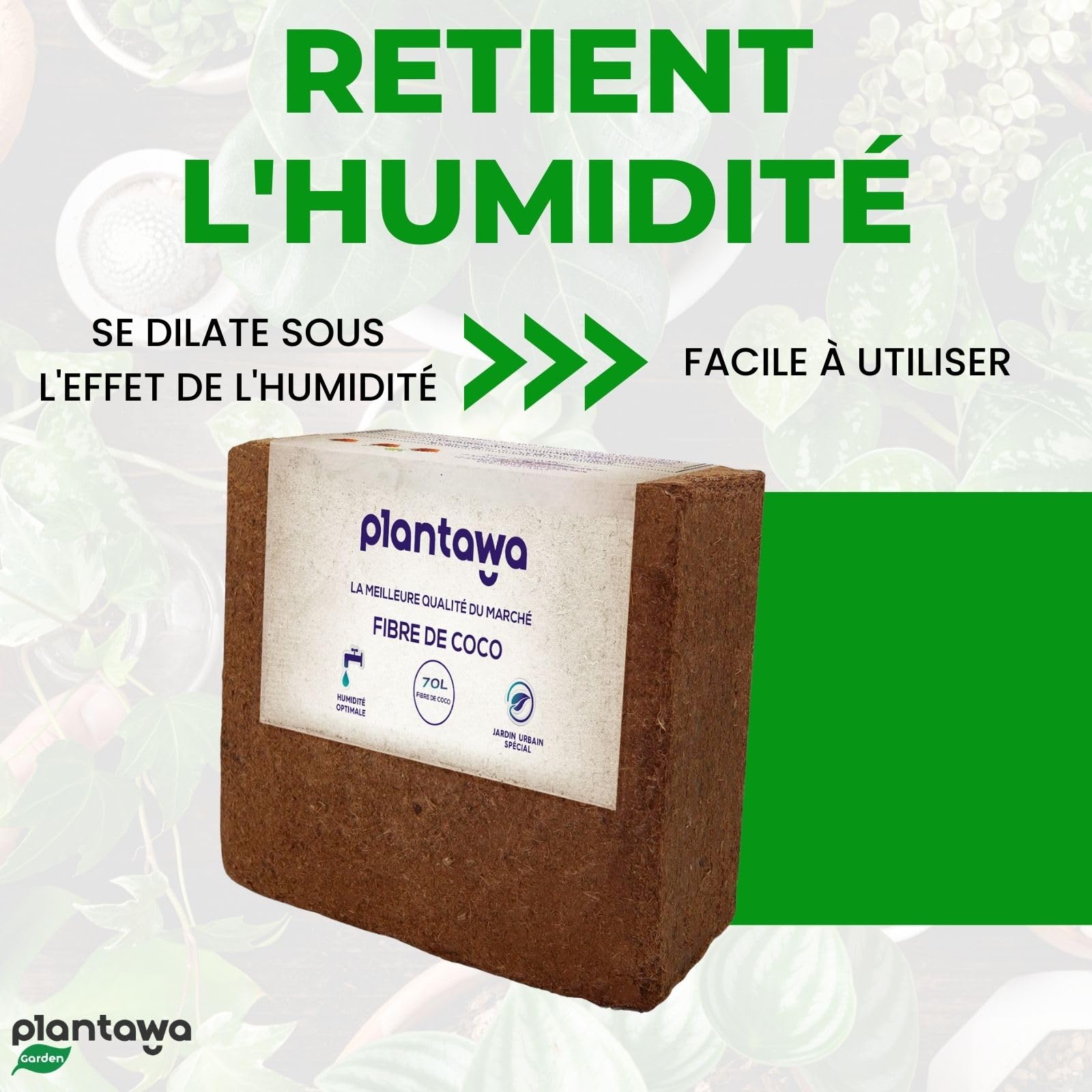 PLANTAWA Fibre de Coco Organique Bloc 5 kg 70 l – Brique compacte – Terre pour Plantes – Utilisation de Potager Urbain terriaire pour Plantes extérieures Turba pour Pots de Fleurs