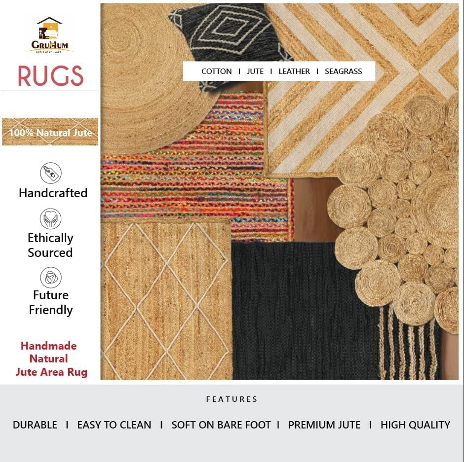 Miniatura 9 de GRUHUM Alfombra rectangular de yute de 4 x 6 pies, de fibra natural, tejida a mano, estilo bohemio, reversible, suave, trenzada, para interiores y