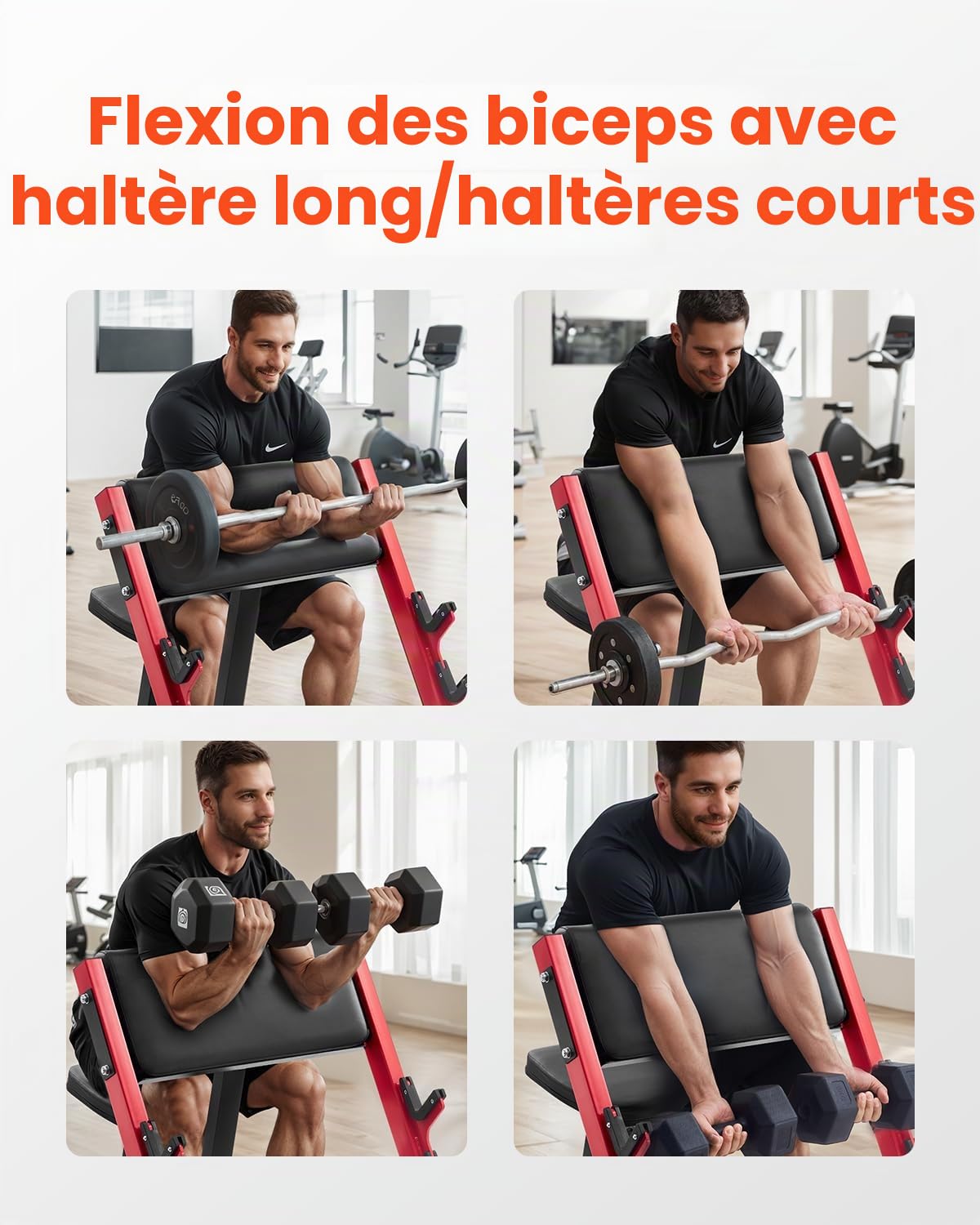 VEVOR Banc à Biceps Charge Maximale 300 kg, Pupitre à Biceps pour Entraînement avec Haltères et Barre d’Haltères, Banc de Musculation Fitness Réglable, avec Supports de Barre, pour Salle de Sport