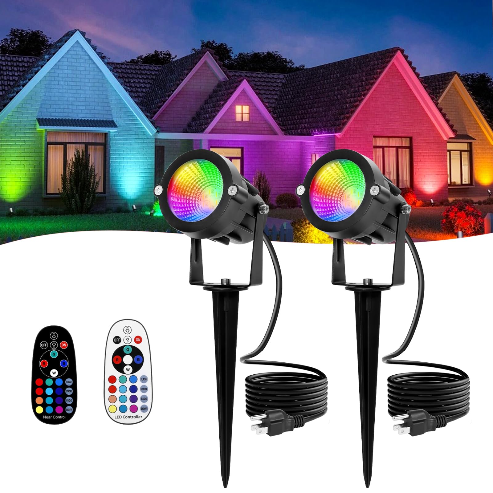 RGBW Christmas Spotlight Outdoor: 16 Color Changing Landscape Lighting with Remotes 120V Plug in Waterproof Holiday LED Spot Light for Yard Garden