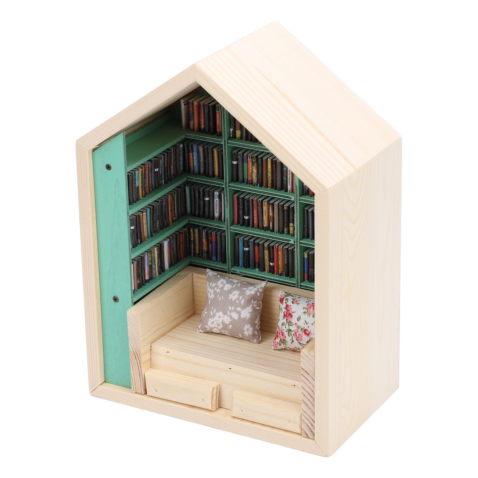Holz-Bücherregal, Kleines Haus-Set mit 200 Büchern und 2 Kissen, Handgefertigtes Mini-Haus für die Inneneinrichtung, Miniatur-Bücherecken-Set für Zimmer, Arbeitszimmer, Wohnzimmer