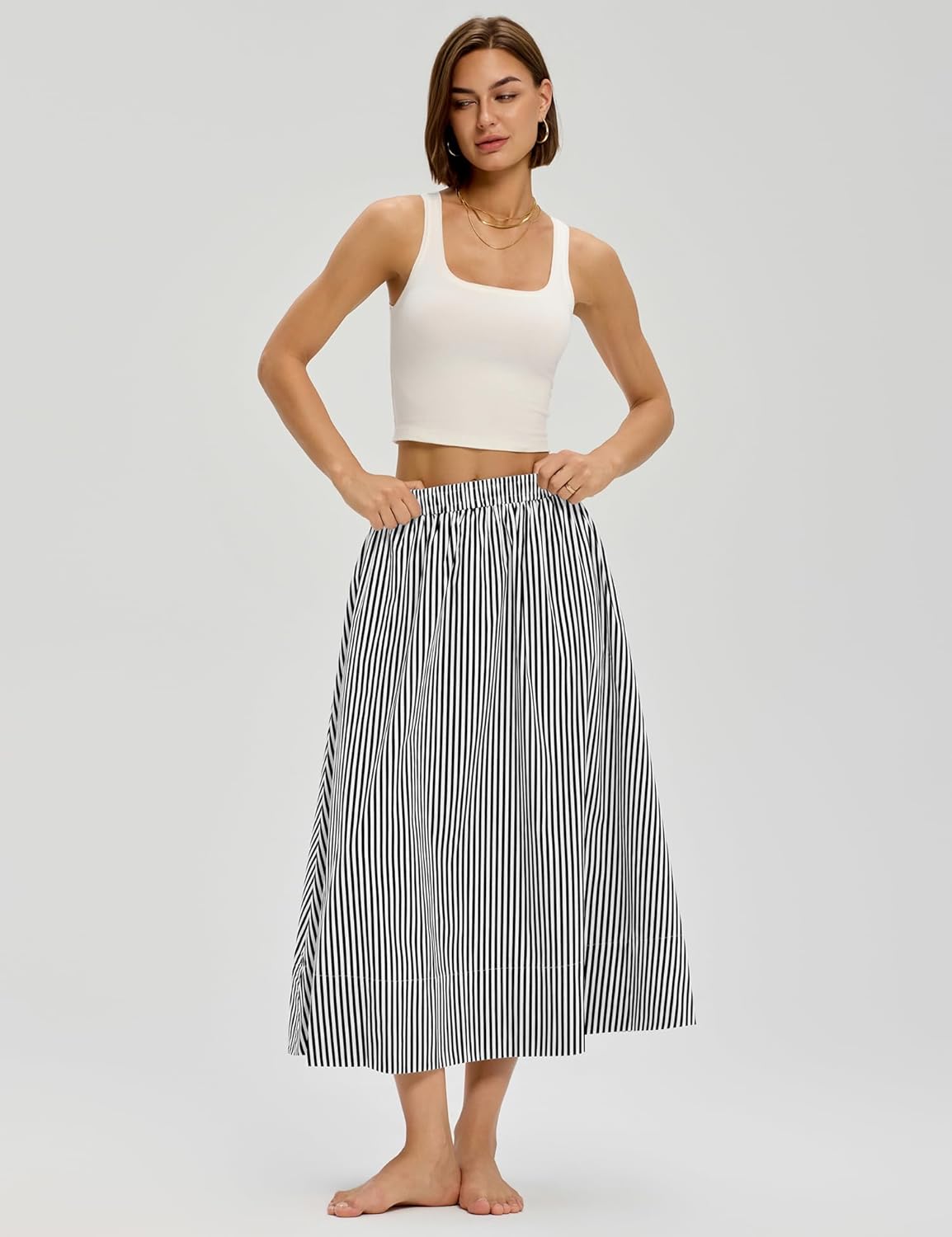 LOMON Midi Skirts for Women A-Line Cotton Flowy Maxi Skirt Boho Summer Beach Casual Elastic Waist Dress Outfit with Pockets - Image 4