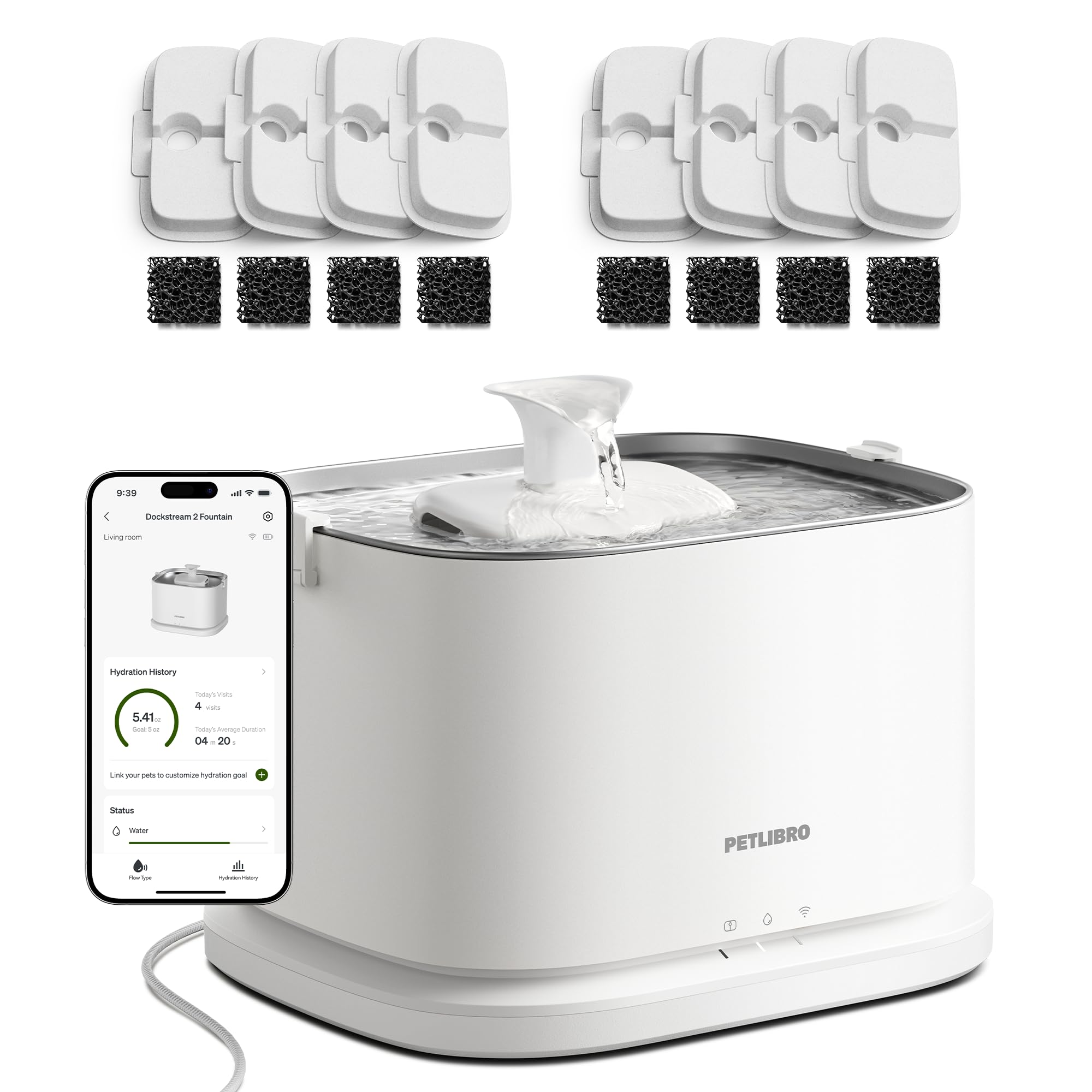 PETLIBRO Upgrade Cat Water Fountain + 8 Packs Filters, Dockstream 2 Smart App Monitoring Pet Water Fountain for Cats Indoor, 3L/101oz Cat Fountain Stainless Steel Tray for Drinking, 5G WiFi