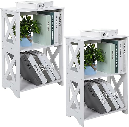 Juego de 2 mesitas de noche estrechas con almacenamiento de plástico de PVC y madera de 3 niveles, 23.2 x 15.7 x 9.5 pulgadas, estantería pequeña,