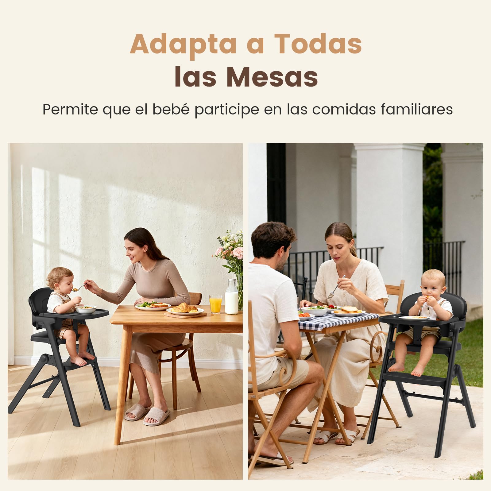 Trona Evolutiva Bebé-Plegable, Tronas de Bebe Regulable, 6 Meses-90 KG, con Bandeja/Cojín/Arnés de 5 Puntos/Bandeja, Tronas Evolutivas Fácil de Limpiar, Ergonómica (Negro)