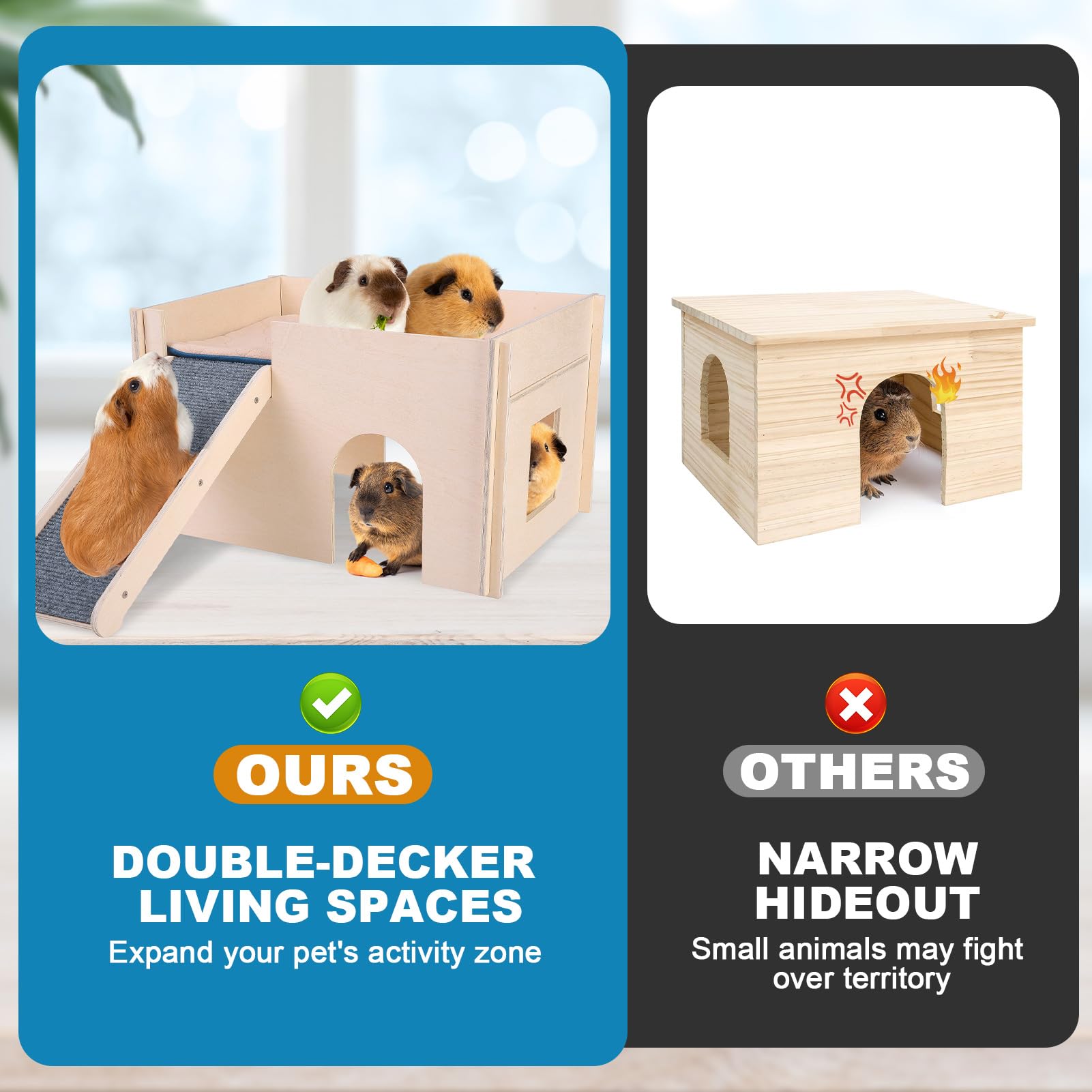 PAWCHIE Wooden Guinea Pig Hideout with Pee Pad Set, Detachable Small Animal House Bed Hut Habitats with Stairs and Windows - Image 4
