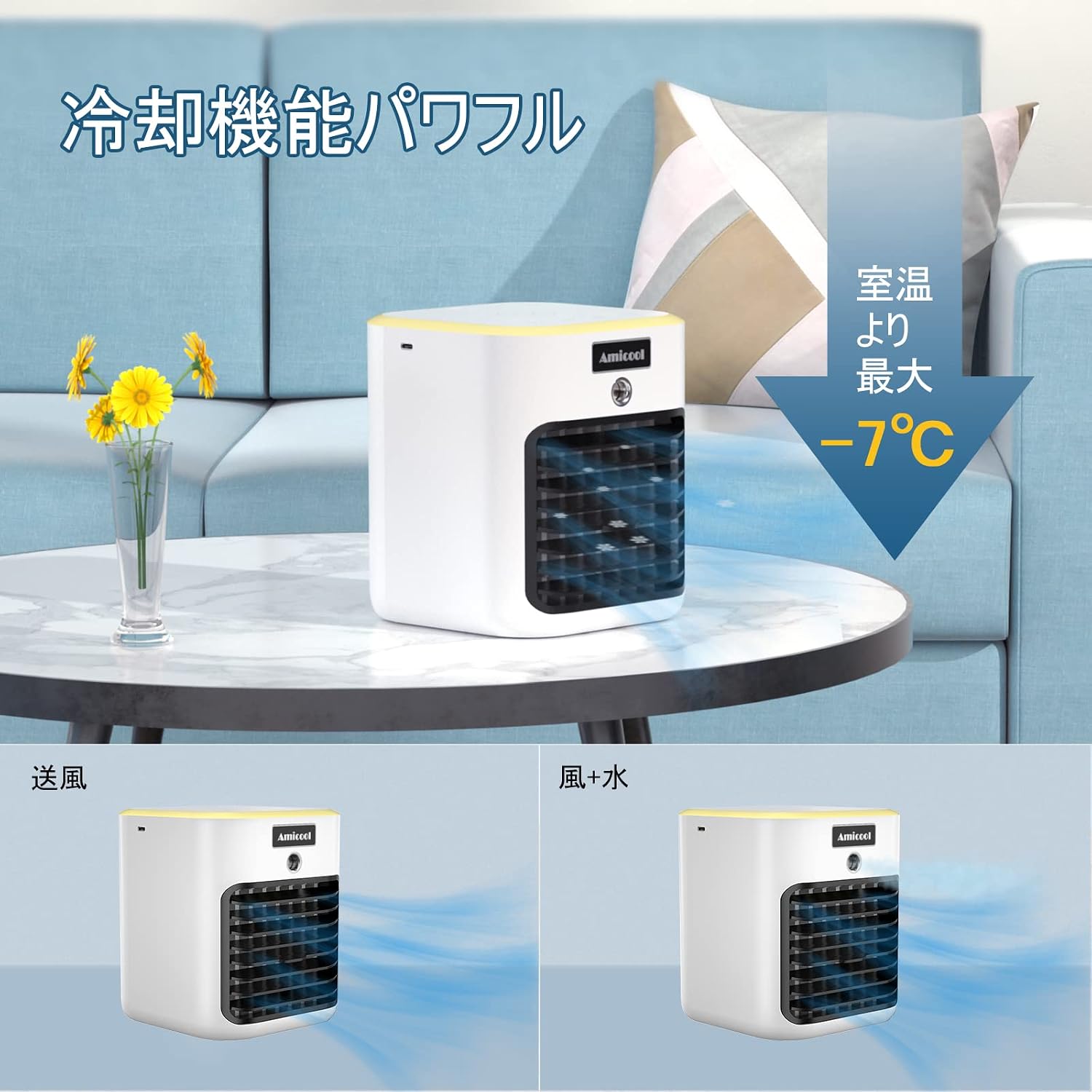 Amicool Portable Air Cooler side view with water tank opening