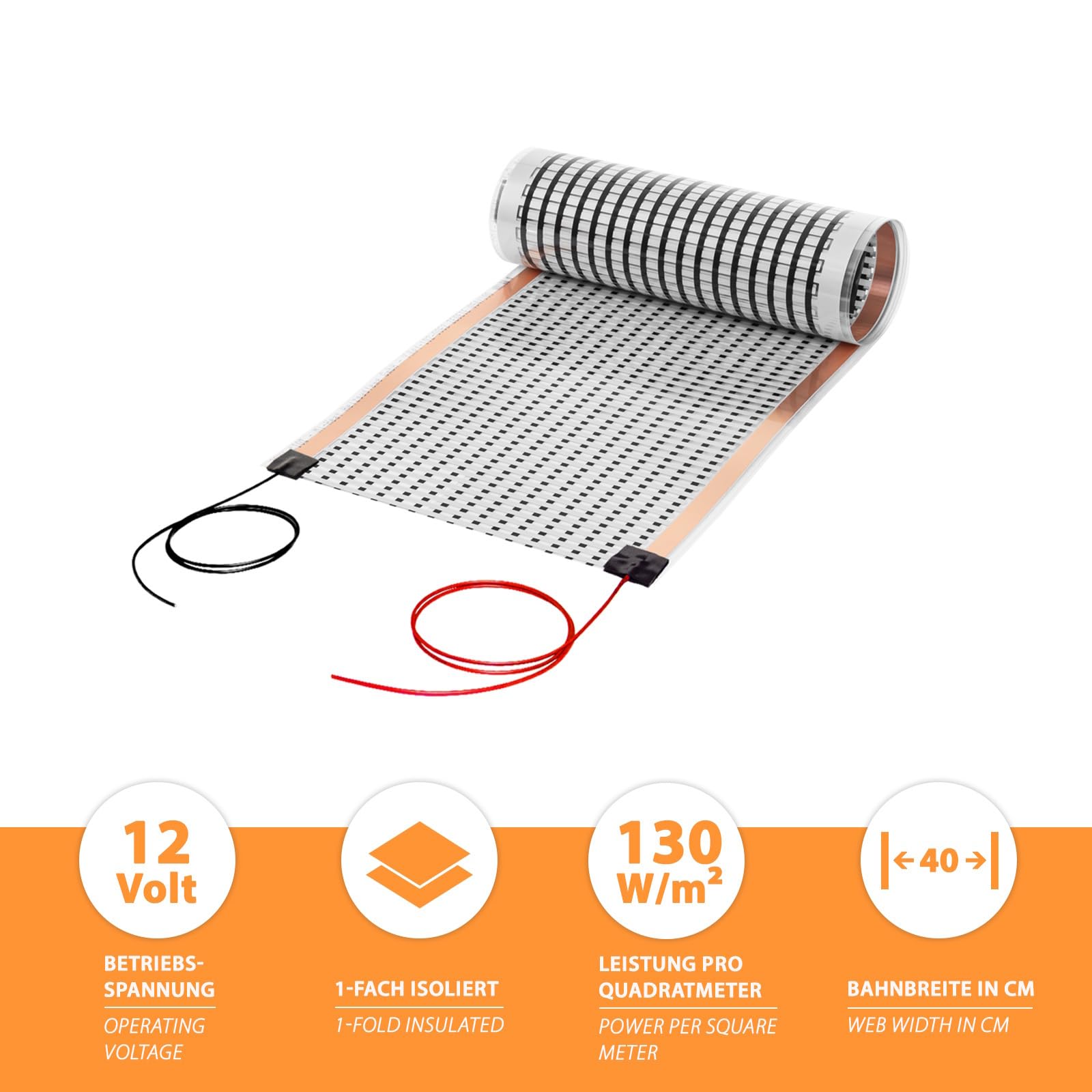 Mi-Heat - Pellicola riscaldante in carbonio, 1,0 m, 12 V AC/DC, 40 cm di larghezza, 130 W/m², riscaldamento a pavimento per roulotte, tempra di batterie, riscaldamento per terrario, incubatrice, serra