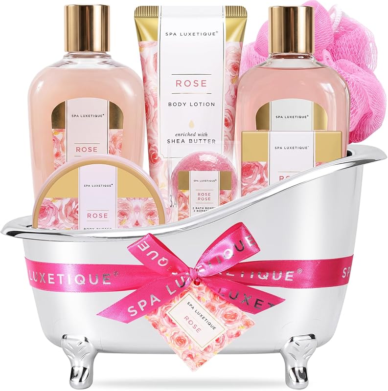 Spa Luxetique Gift Set For Women, Bath Sets - 8 Pcs Rose Spa Basket Includes Bubble Bath, Shower Gel, Body Lotion, Birthday Spa Gifts for Mom, Christmas Presents for Women