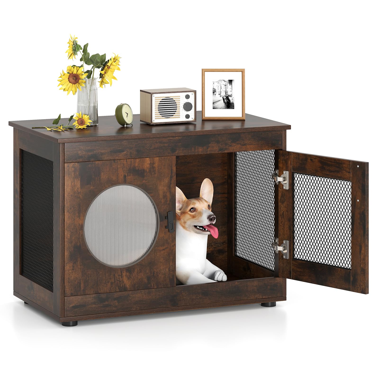 COSTWAY Dog Crate Furniture, Wooden Dog Cage with Chew-proof Metal Mesh