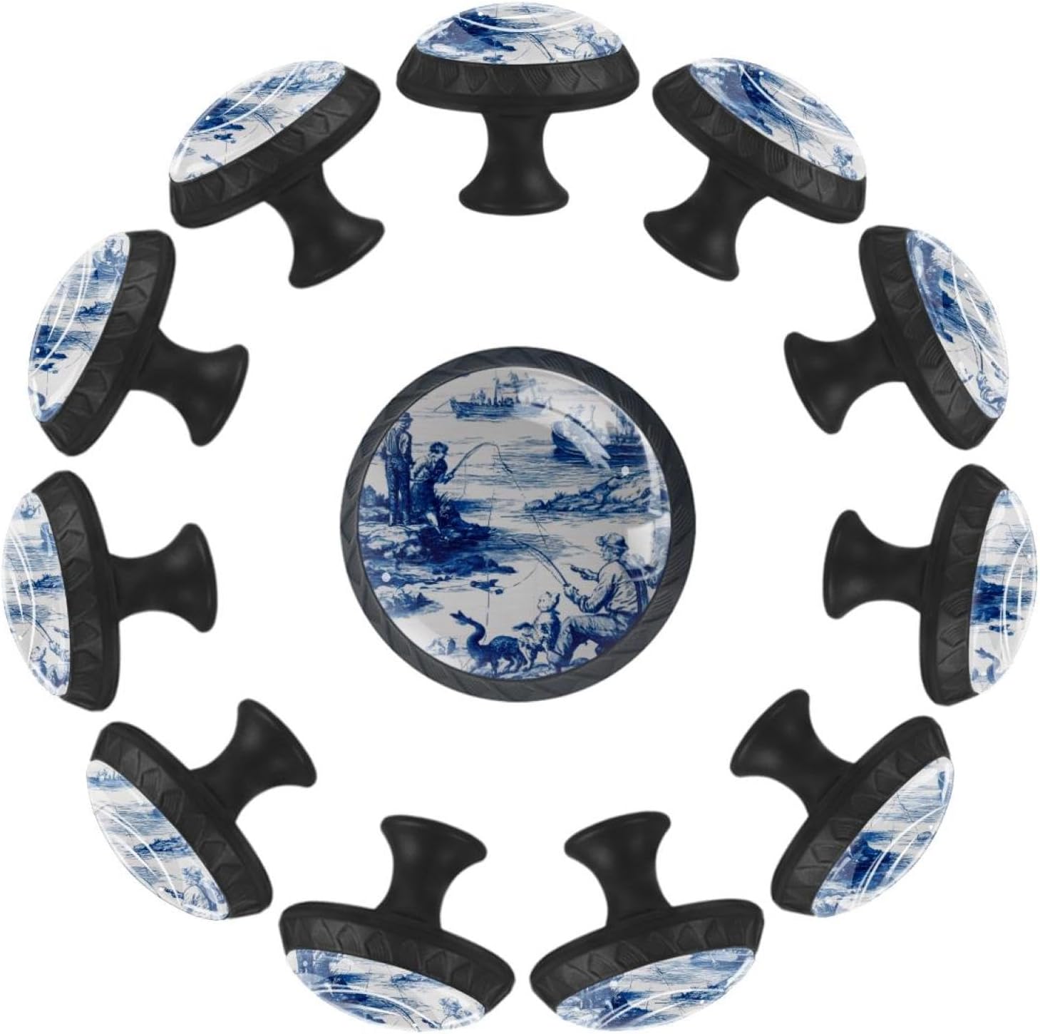 Black Scenes of Fishing in Toile de Jouy Style (5) Round Drawer Knobs, Decorative Cabinet Pulls with Screws for Daily Furniture Use