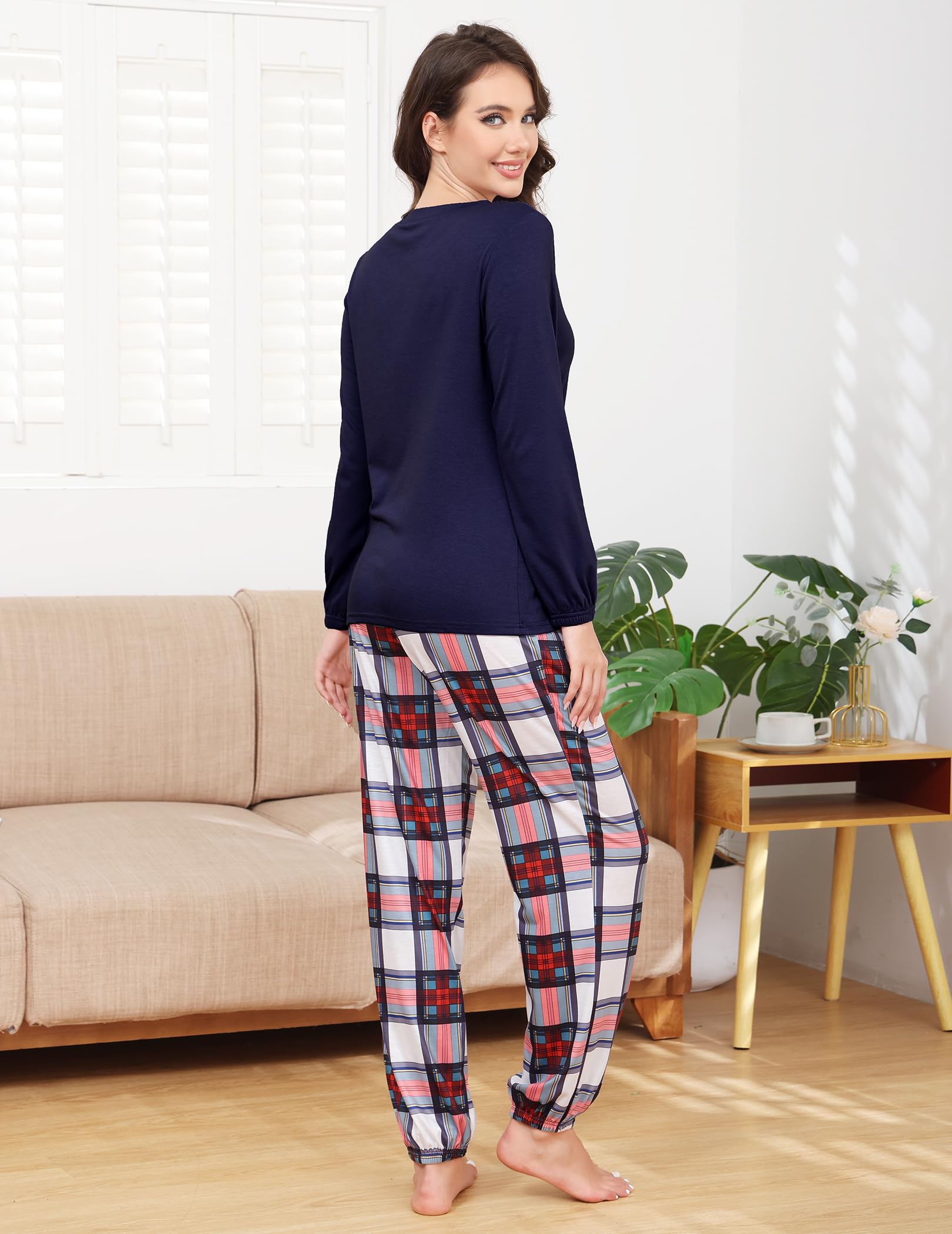 Les-Theresa Pigiama da Donna, Pigiama Lungo, da Donna, Comodo e alla Moda, con Motivo a Gatto, con Stampa a Maniche Lunghe, Pigiameria e Pantaloni Lunghi Femminili