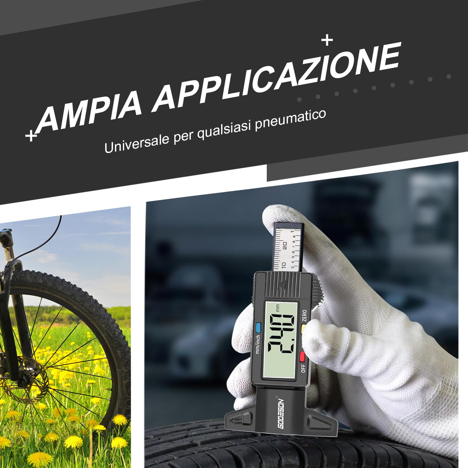 GODESON Digitale Misuratore Profondità Battistrada, Misuratore di Calibro Pneumatico con ampio display LCD per moto, auto, camion in inch/mm