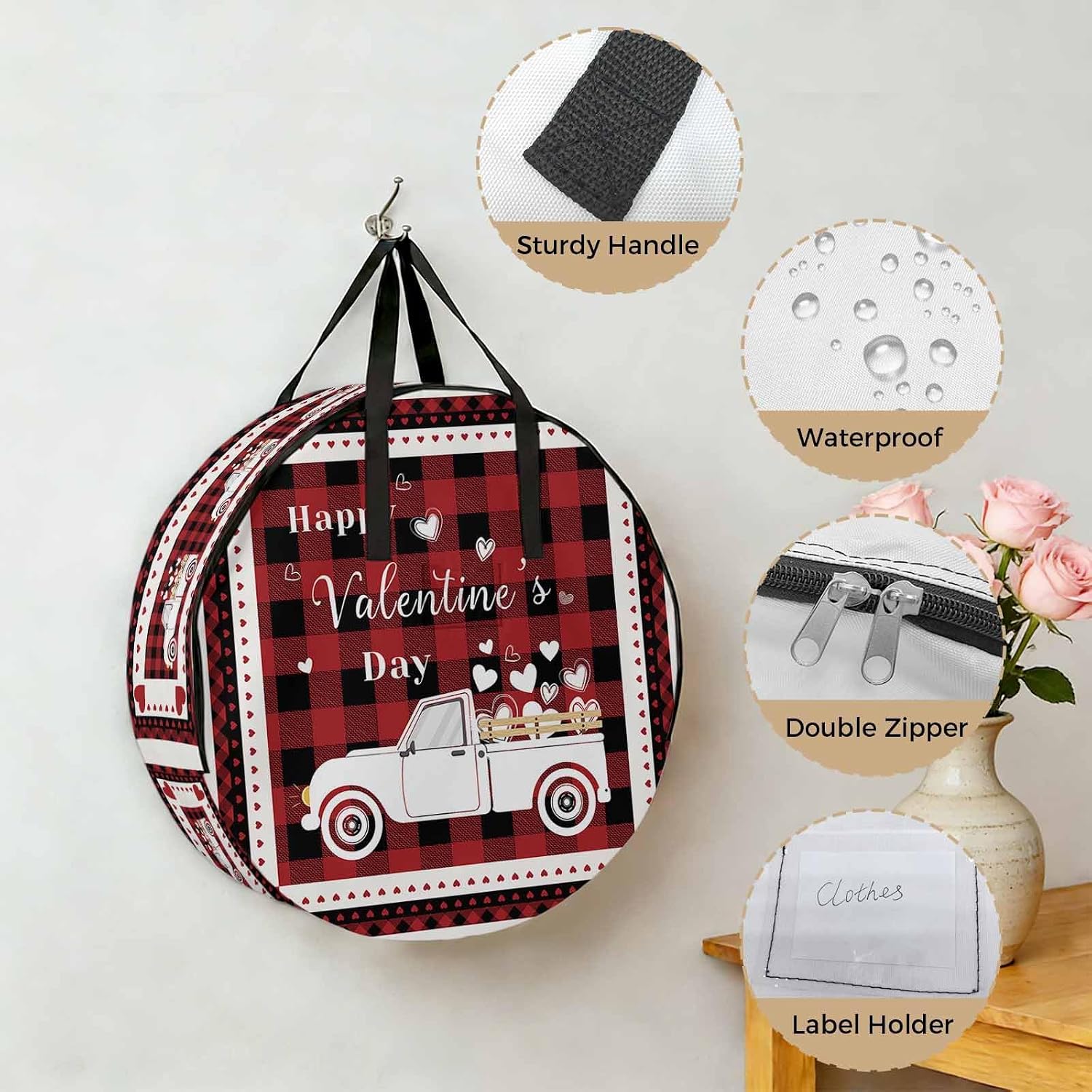 Happy Valentine's Round Storage Bag 24 Inch, Day Truck Pull Loving Heart Red Plaid Clothes Storage Container with Handles Heavy Duty Organizer for Comforter, Bedding & Holiday Wreaths