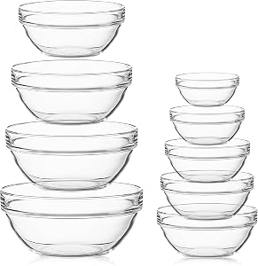 9 Pcs Glass Mixing Bowl Set, Clear Salad Mixing Bowl Glass Nesting Bowls Stackable Meal Prep Bowl for Kitchen Cooking Baking Serving Food Storage