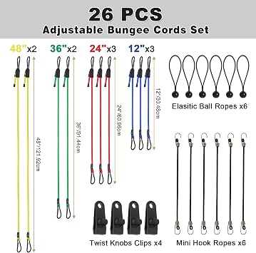 Adjustable Bungee Cords Set, Small Bungee Straps, 26 PCS
