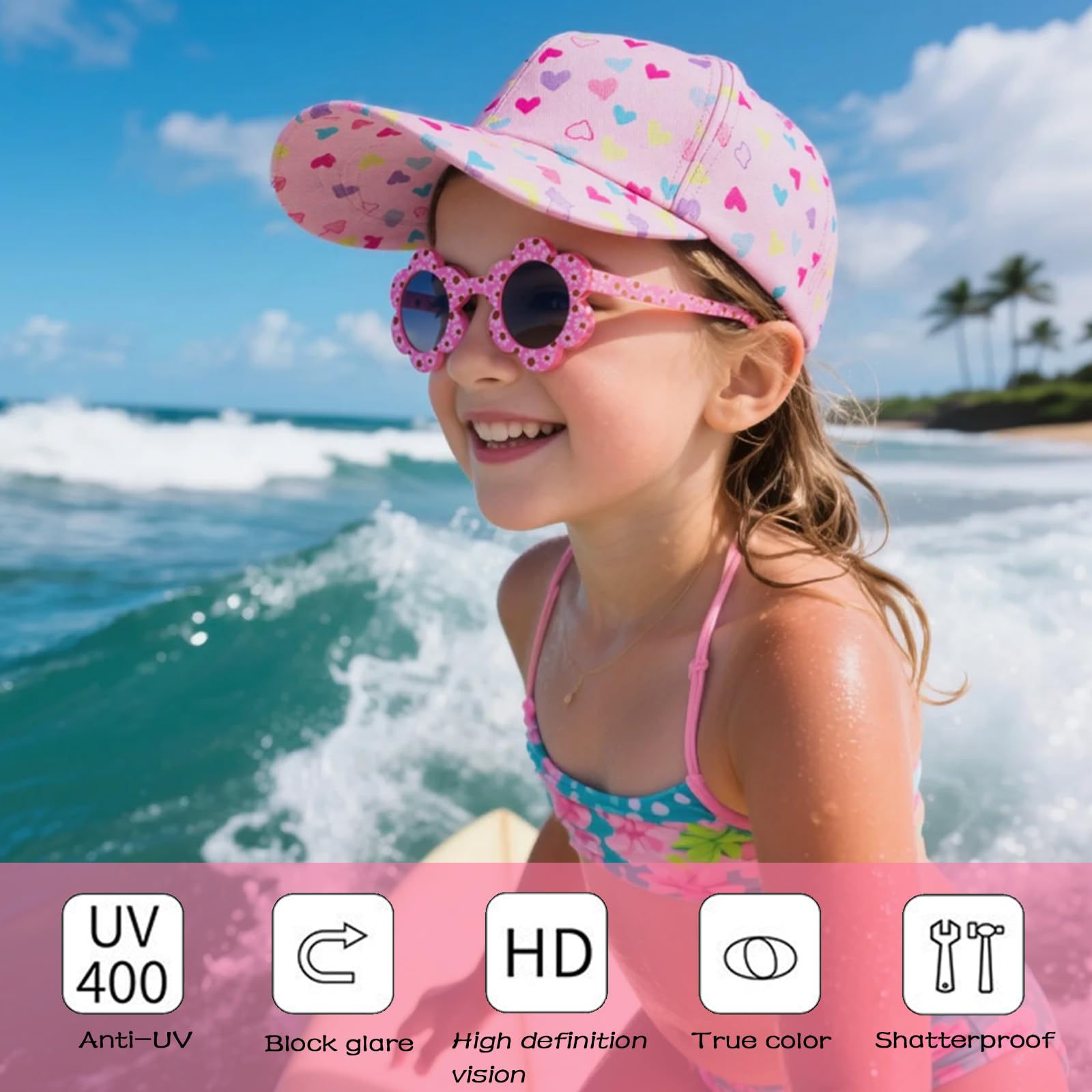Gorra de niña con Visera + Gafas de Sol Florales Set de Verano Transpirable Ajustable 52-56 cm Rosa