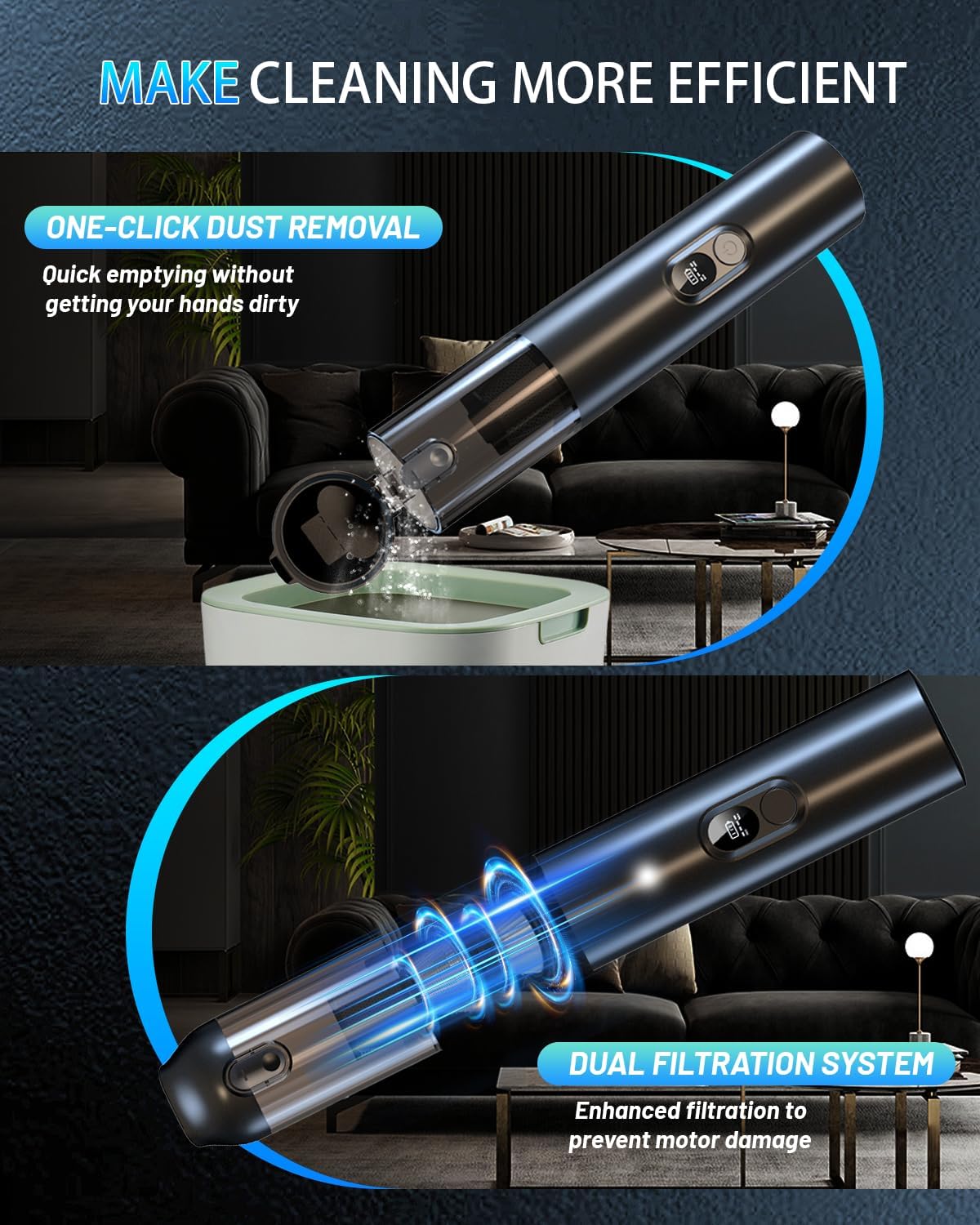 Handheld Car Vacuum Cleaner Cordless with 19000Pa High Power, 4 in 1 Portable Mini Vacuum with Brushless Motor, Led Display, Type-C Handheld Vacuum and Air Duster for Car Home Office PC