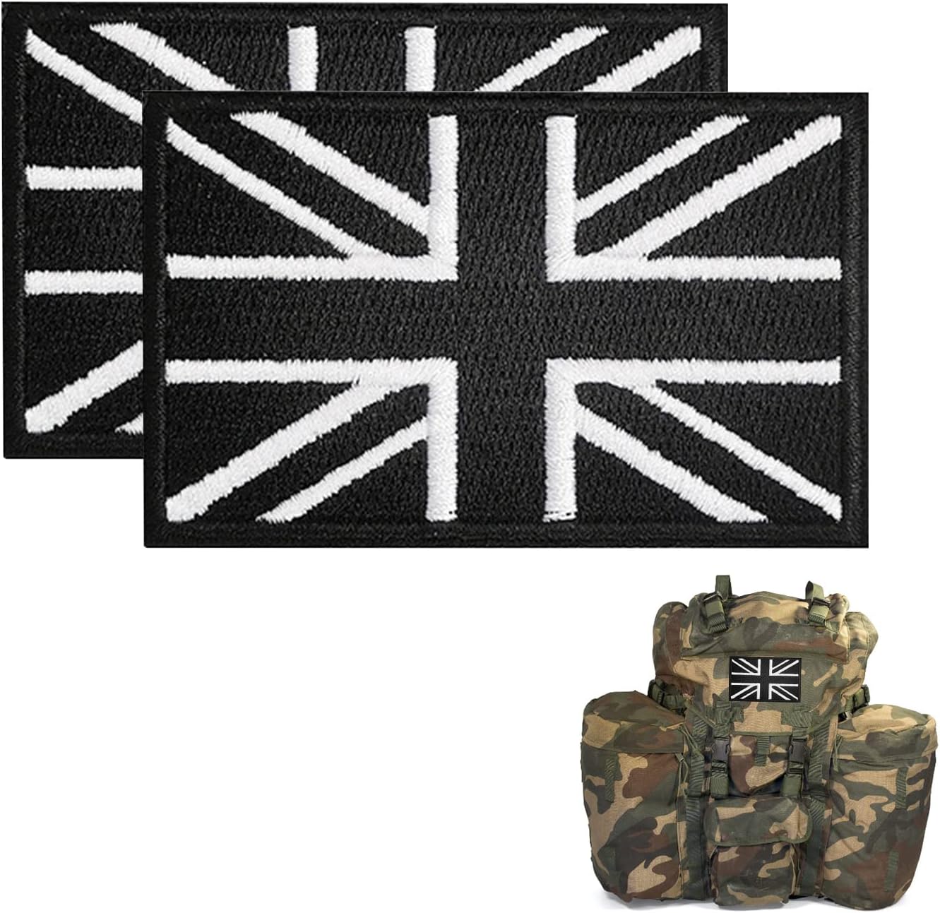2pcs Tactical Union Jack Embroidered Flag,England Flag Patch,Black & White United Kingdom Embroidered Fabric Patch Hook and Loop Applique for Military Uniform Tactical Bag Jacket Jeans Hat