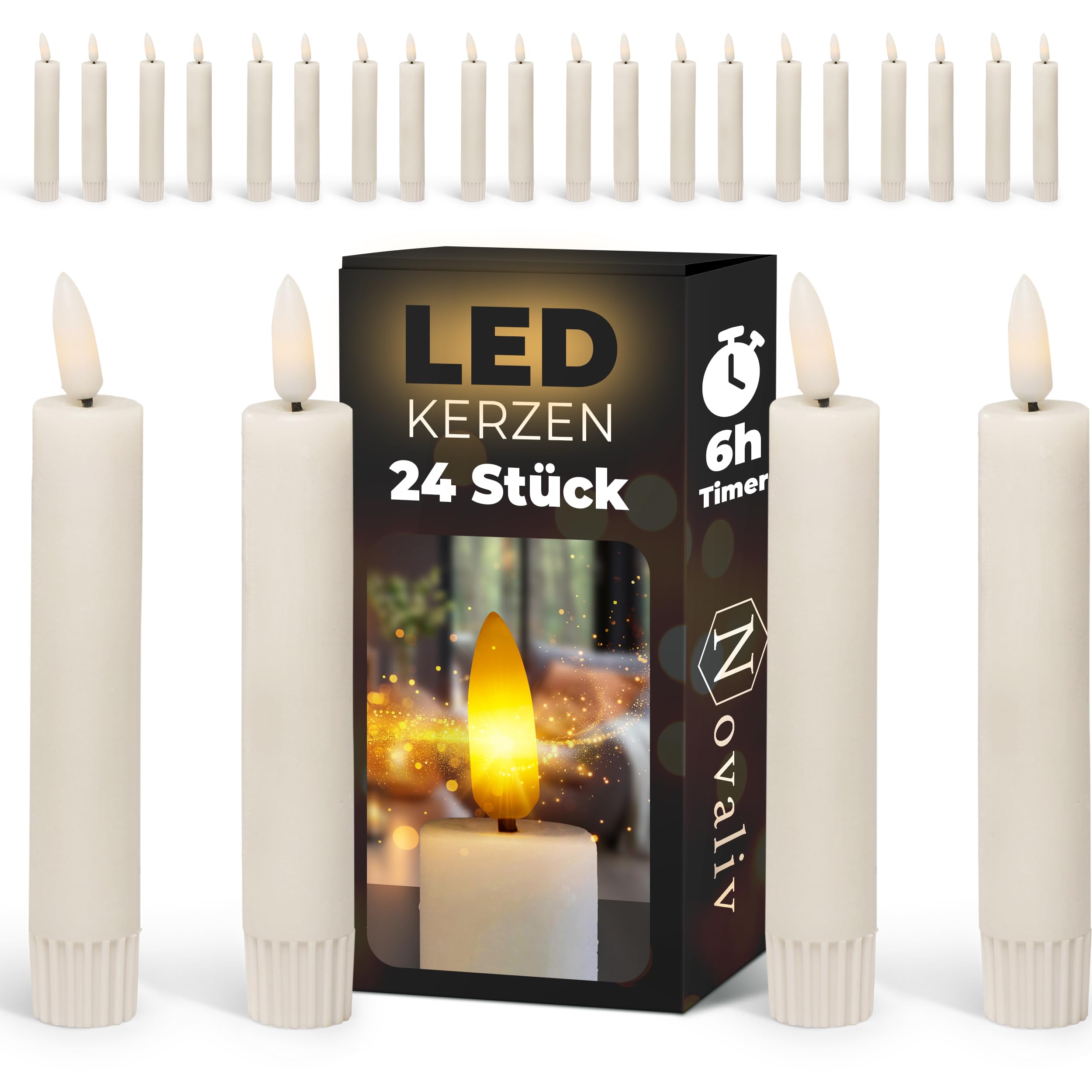 Novaliv 24er Set Stabkerze LED - aus Echtwachs bewegliche Flamme Timer - 12, 5cm Höhe für 2, 2cm Durchmesser / AAA Batterien notwendig -, Elfenbein, Klein