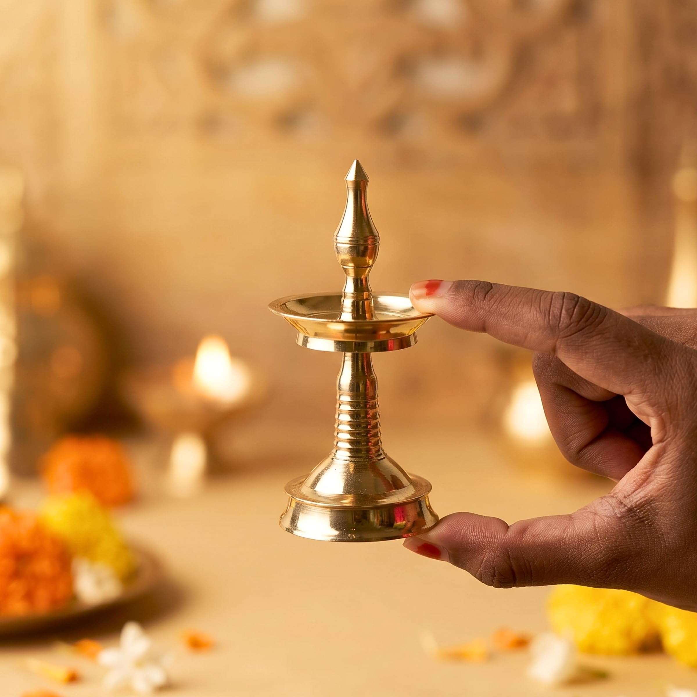 Anciently Mini Traditional Kerala Kuthu Vilakku (Model 1) - Pure Brass Nilavilakku Oil Lamp | Kerala Style Deepam Brass Diya for Pooja, Home Decor & Gifting, 1 No (4 Inches Height)-picture-12
