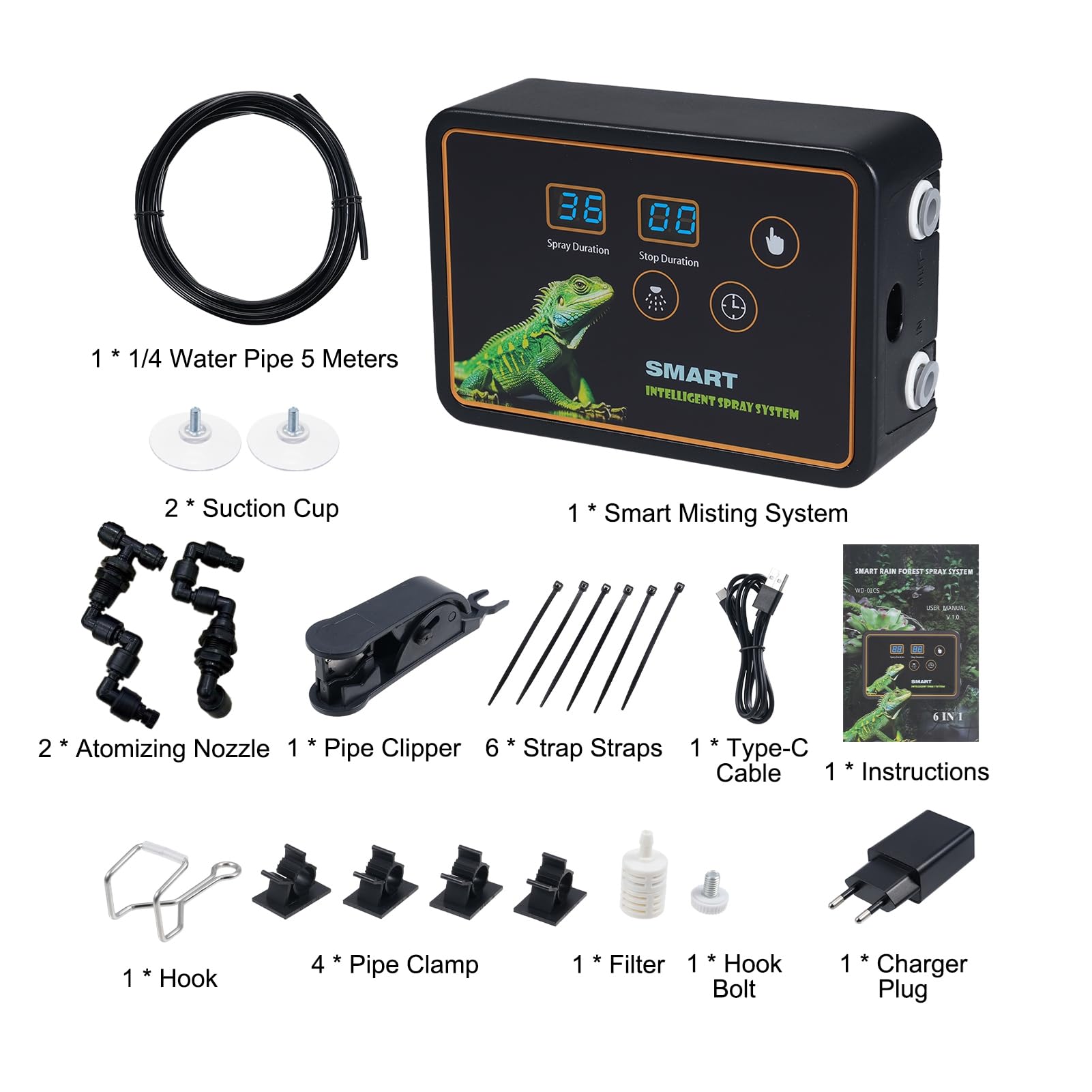 Eacam de Nebulización Inteligente para Reptiles, Boquillas de Pulverización Eficientes, Gancho Ajustable, Pulverización Temporizada para Tanque, Serpiente, Lagarto, (Enchufe europeo)