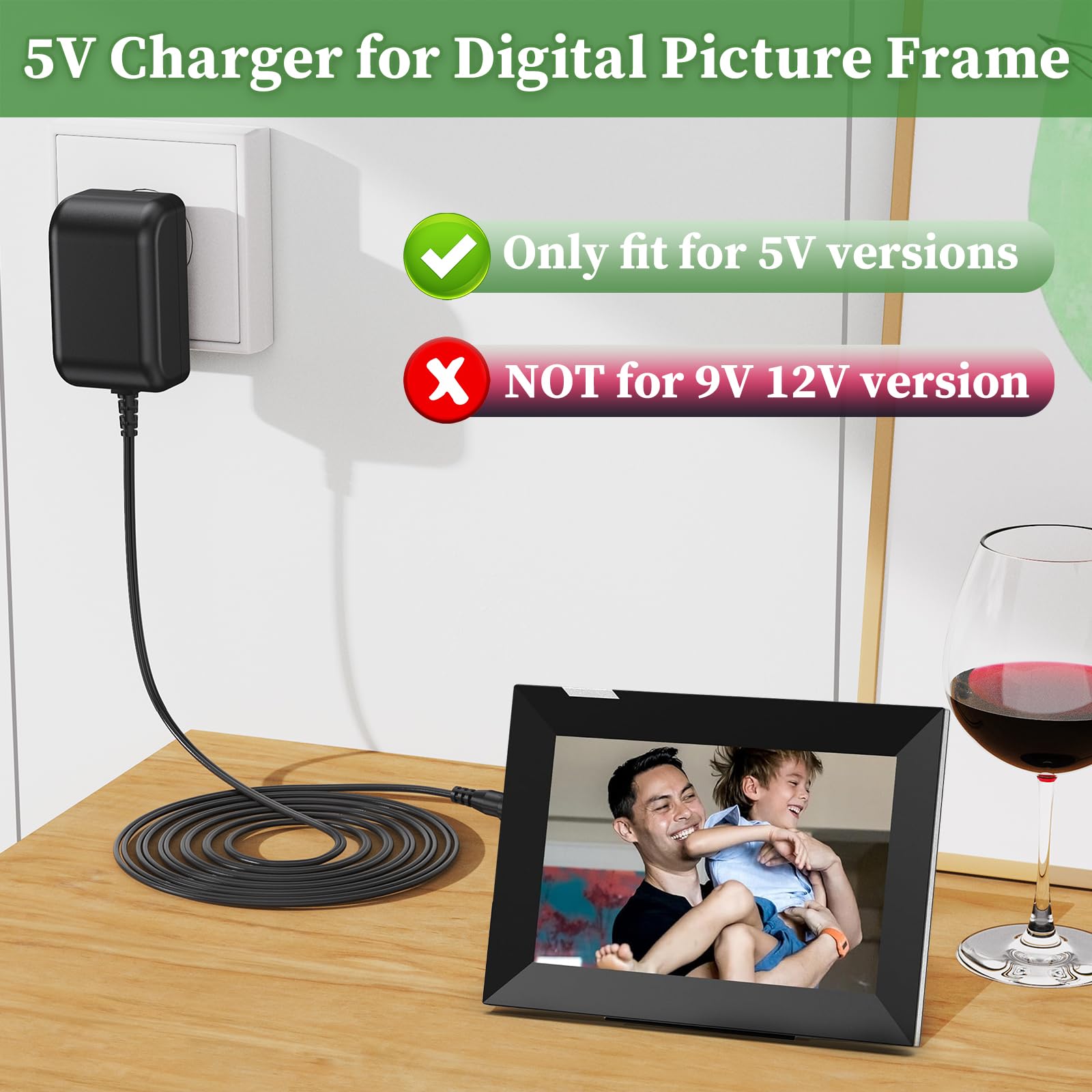 5V Picture Frame Power Cord For Skylight 916496,BIGASUO, LOOFII,AEEZO,Nixplay,Aura,Aluratek,10inch Digital Photo Frame AC Adapter Charger(Not For 9V Or 12V