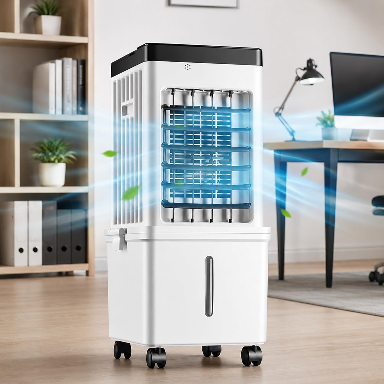 Ventilador Climatizador Portátil 15L, Aire Acondicionado Evaporativo Sin Tubo con Mando A Distancia, Panel Táctil, 4 Acumuladores De Frío, 3 Velocidades, Oscilación 90° para Oficina