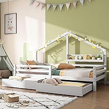 KOMHTOM Single House Bed 90 x 200 cm with Storage Shelf, Children's Bed with Wooden Slatted Base, Bed Frame (without Mattresses) (White + Drawers)
