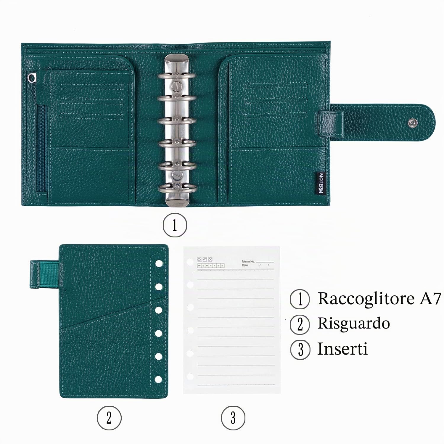 Moterm Pocket Luxe Anello Planner – Organizzatore in vera pelle (ghiaia profondità teal, anello da 30 mm)
