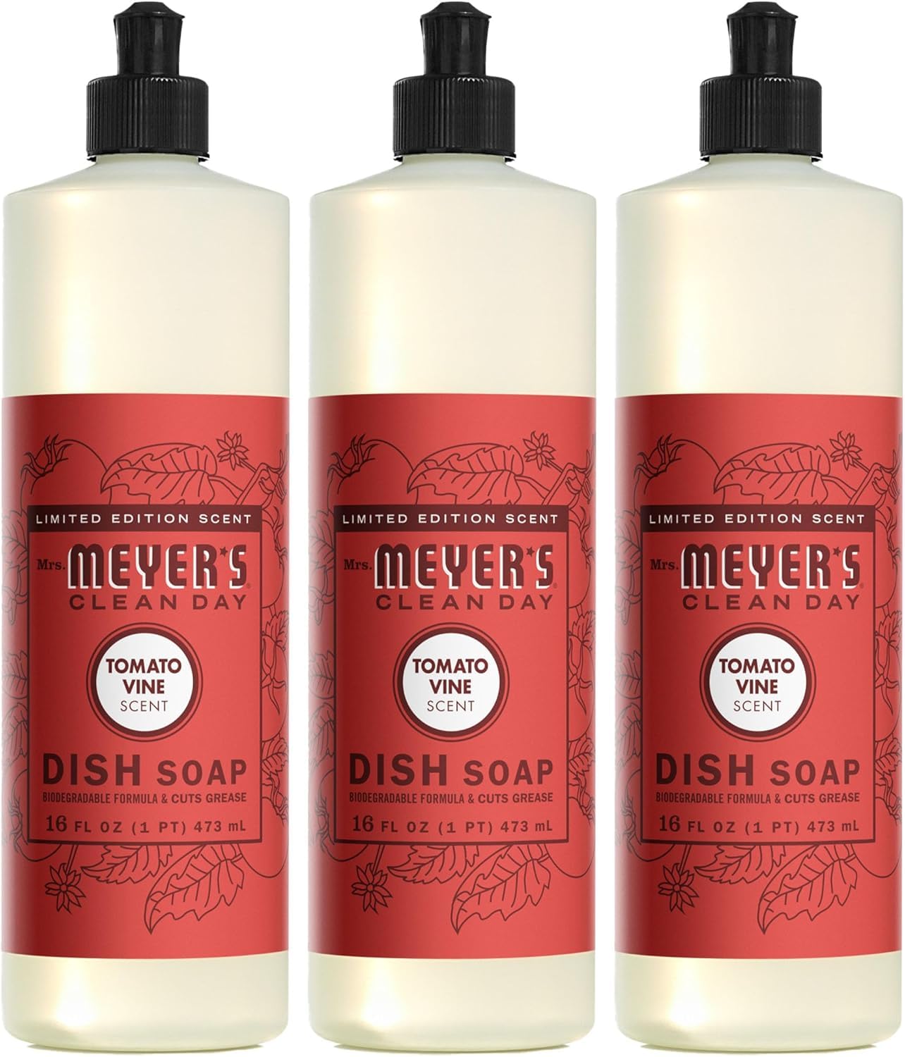 Mrs MEYERS CLEAN DAY Liquid Dish Soap Tomato Vine Scent 16 Ounce Bottle Pack of 3
