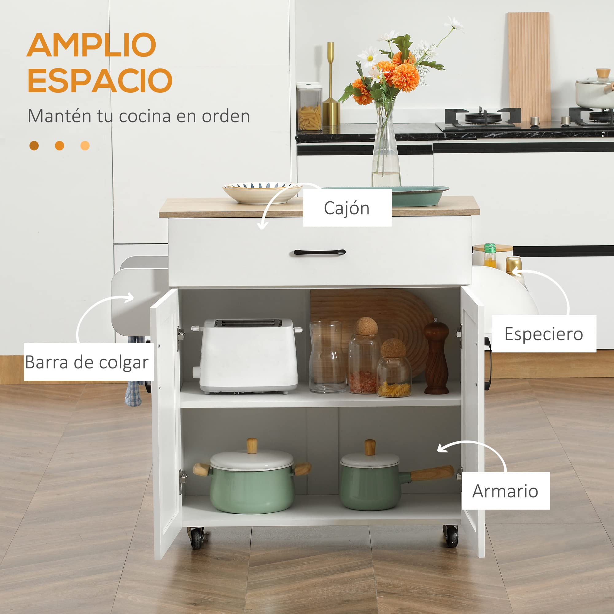 HOMCOM Isla de Cocina con Ruedas, Carrito de Cocina con Cajón, 2 Puertas, Toallero y Especiero, Estante Ajustable, para Comedor, 105x36x85 cm, Blanco