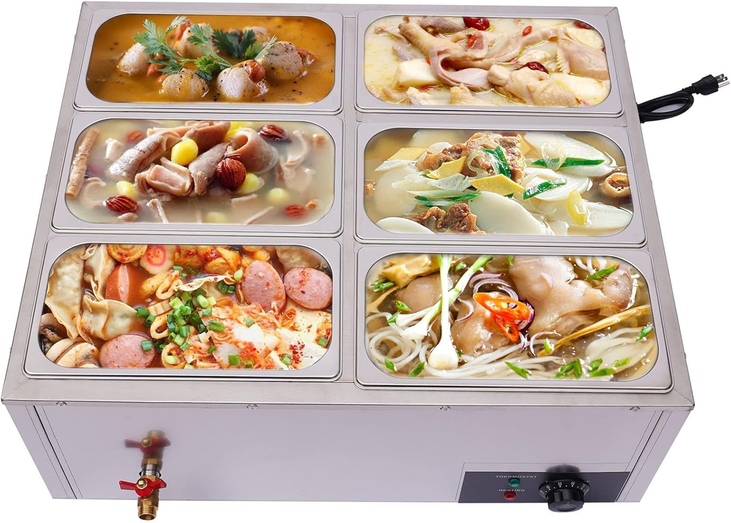 6 Pot Commercial Food Warmer 110V Buffet Food Warming Tray, 850W Countertop Electric Table Steamer Stainless Steel Soup Pot 30 to 85° Adjustable 6-Pan Food Warmer for Catering, Restaurants: Industrial & Scientific