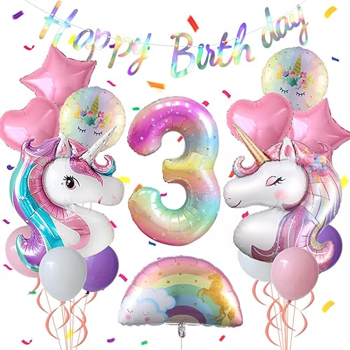 Decoraciones de fiesta de cumpleaños de tercer cumpleaños de unicornio para niña, juego de globos temáticos de fiesta de unicornio morado y rosa,