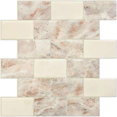 STICKGOO Azulejos de metro de 10 hojas para despegar y pegar, aspecto de mármol marrón para pegar en azulejos de cocina (diseño más grueso)